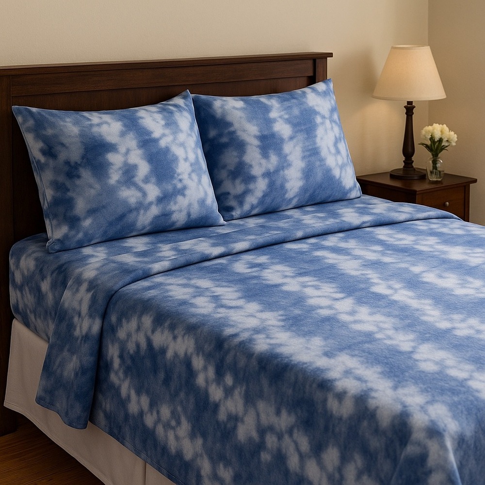 King Flannel Sheet Set Blue White Tie‎ Dye 100% Cotton 4 Pc Oversized Bedding